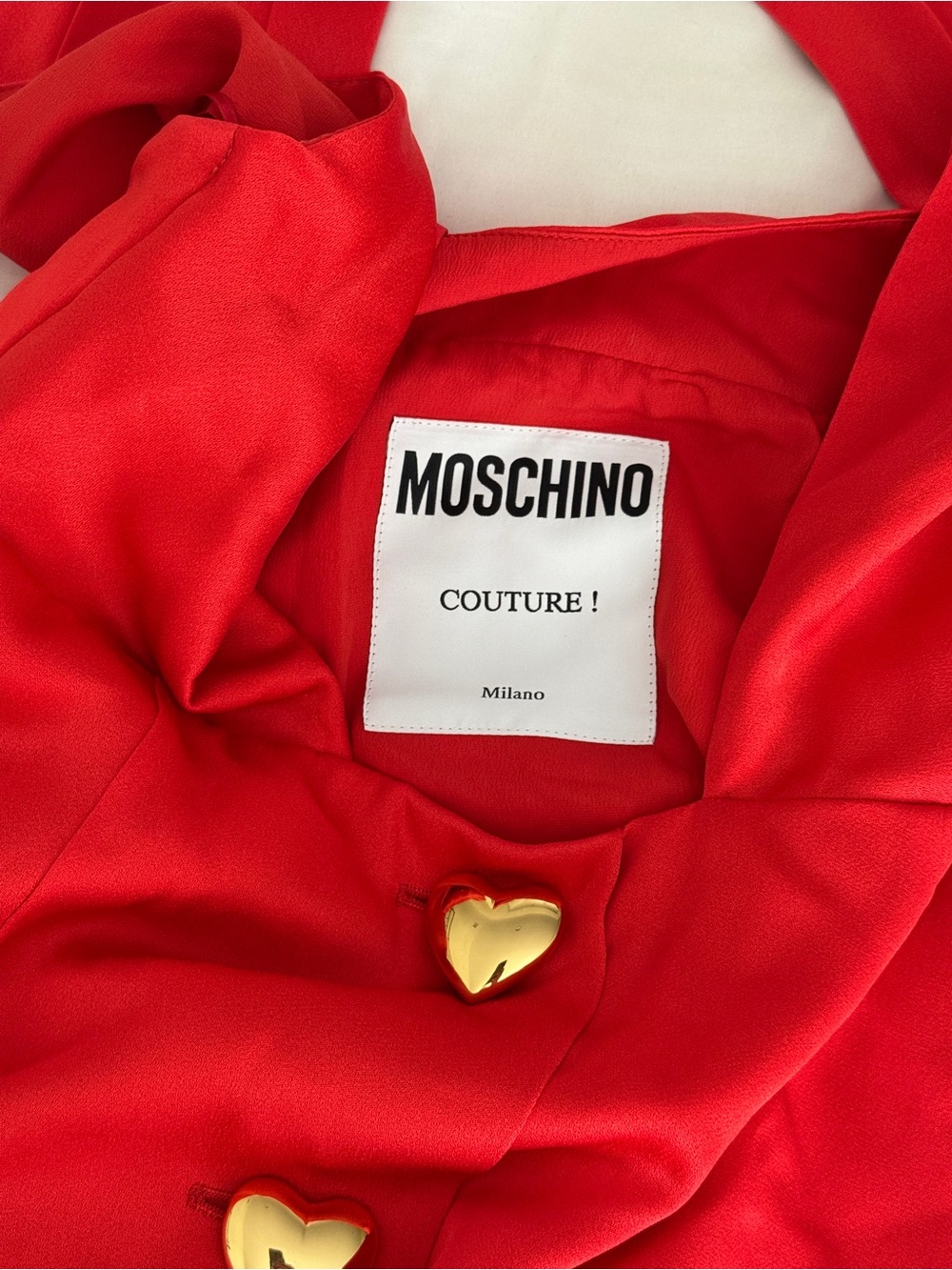 Moschino Couture! Red Satin Halter Dress Gold Heart Buttons US 8 - Picture 9 of 12